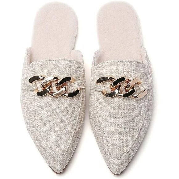 Shoes - Beige Pointed-Toe Flat Mules with Metal Chain, Sherpa-Lined Backless Loafers Siz